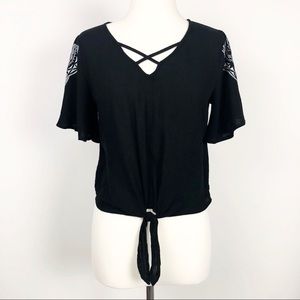 Love Fire Black & White Embroidered Tie Front Top